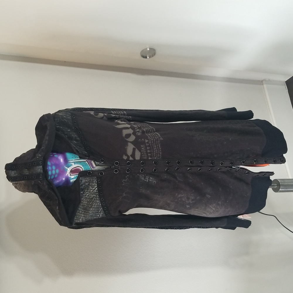 Savage Black/ Grey Cotton/ Leather Zipper/ grommet/ graphic Med Hoodie